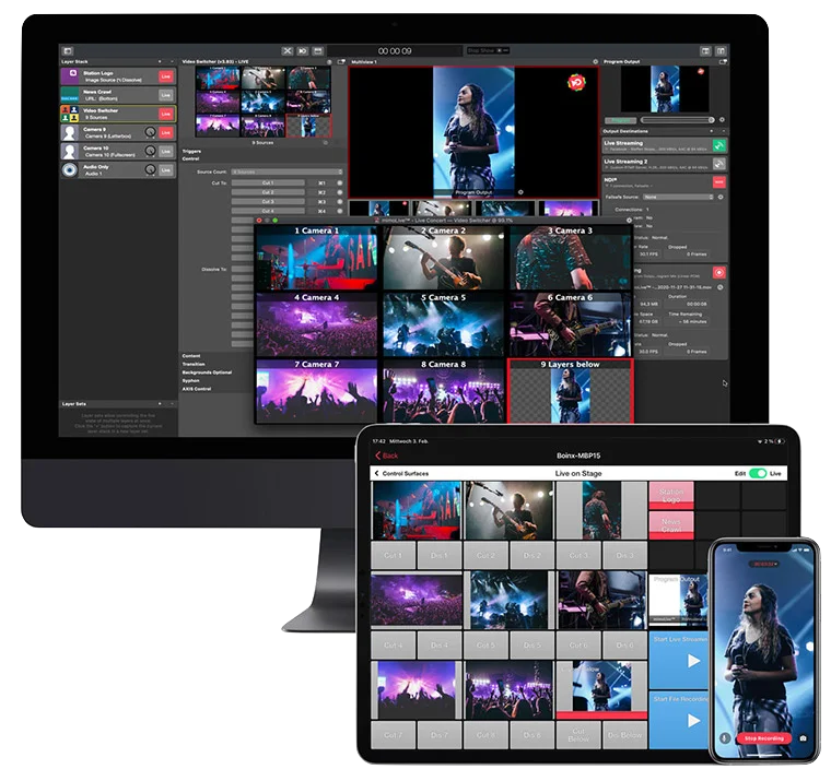 mimoLive di iMac dengan Remote Control Surface di iPad dan Remote Camera di iPhone.