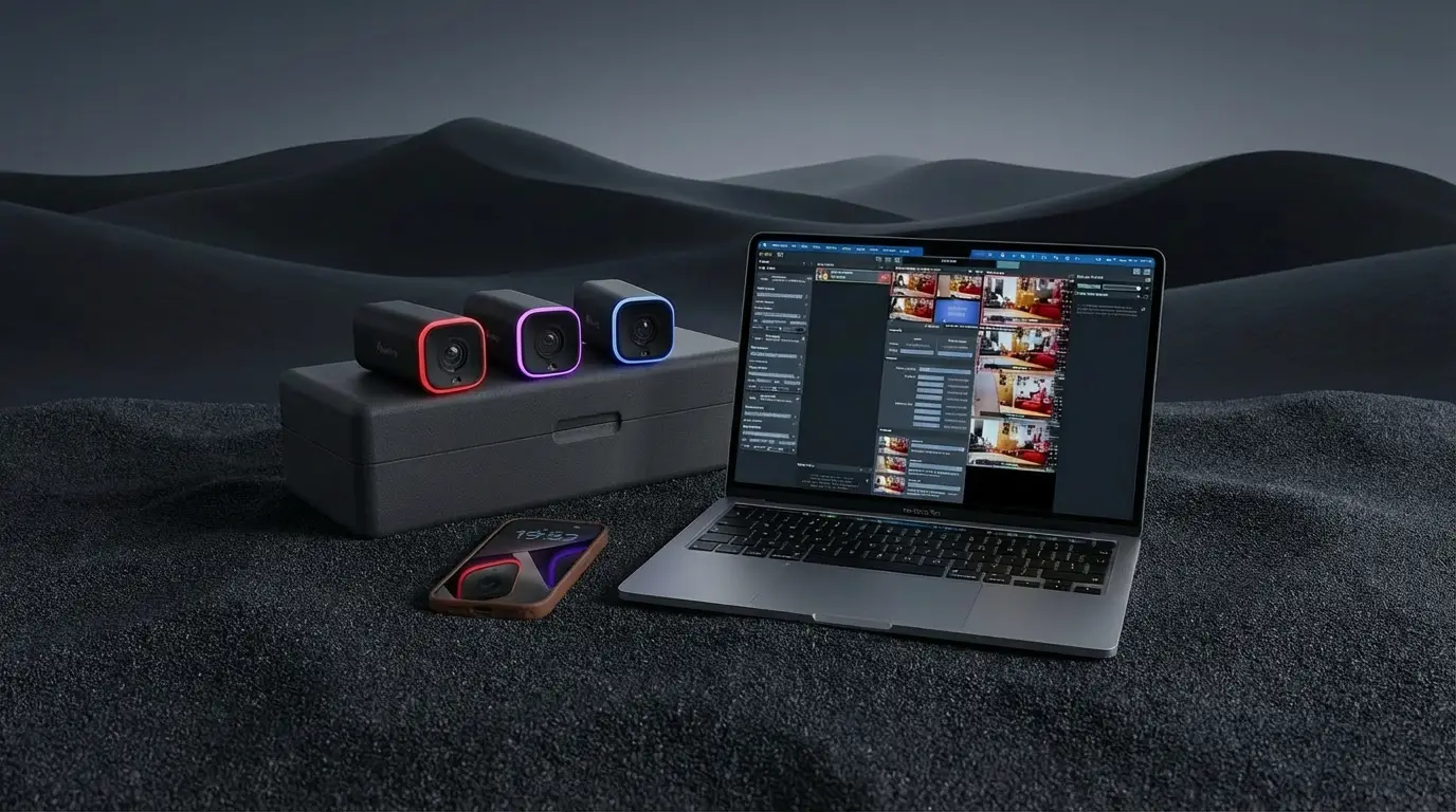 Configuração de produção de vídeo em direto com 3 câmaras móveis Wireles