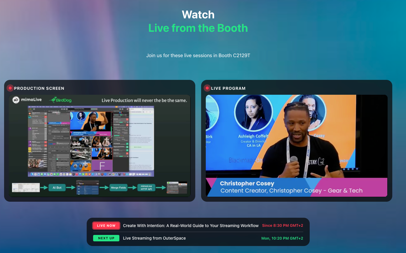 Пліч-о-пліч вбудовування виробничого екрану та прямої програми на mimolive.com/nab